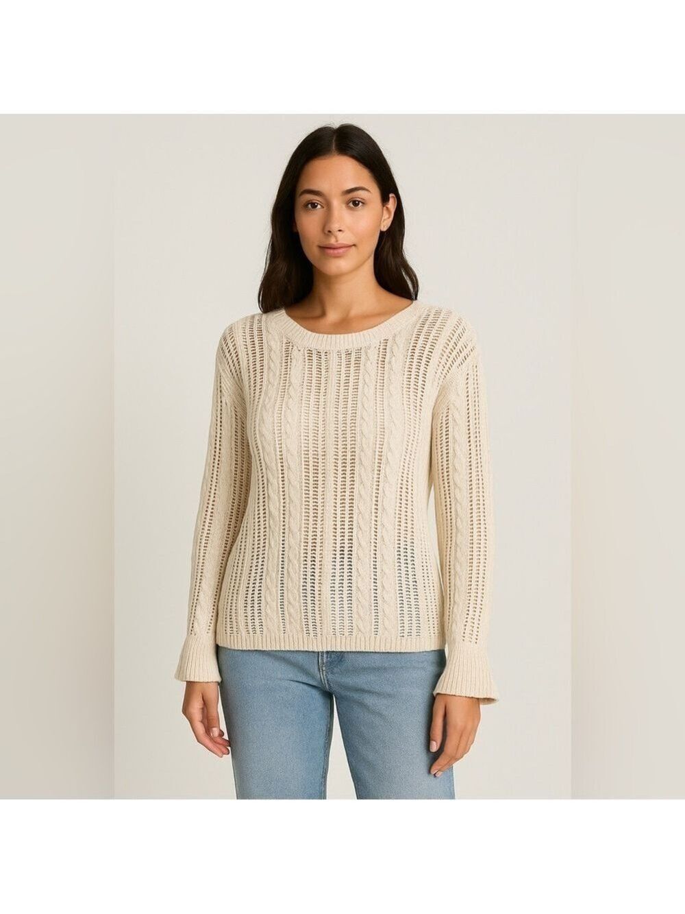 Molly Bracken Open Knit Cream Sweater with Ruffle Sleeves - Size Large